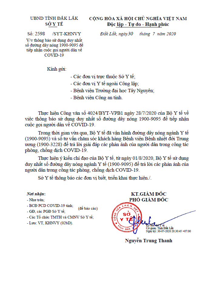 Thông báo sử dụng duy nhất số điện thoại đường dây nóng 1900-9095 để tiếp nhận cuộc gọi người dân về Covid-19