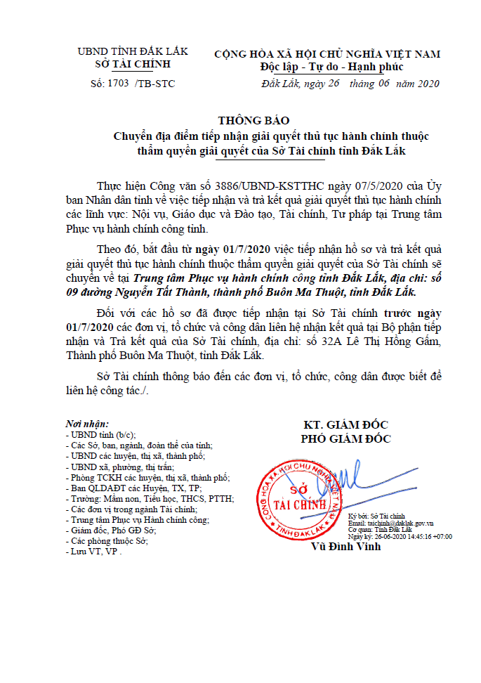Thông báo chuyển địa điểm tiếp nhận giải quyết TTHC thuộc thẩm quyền giải quyết của Sở Tài chính tỉnh Đắk Lắk