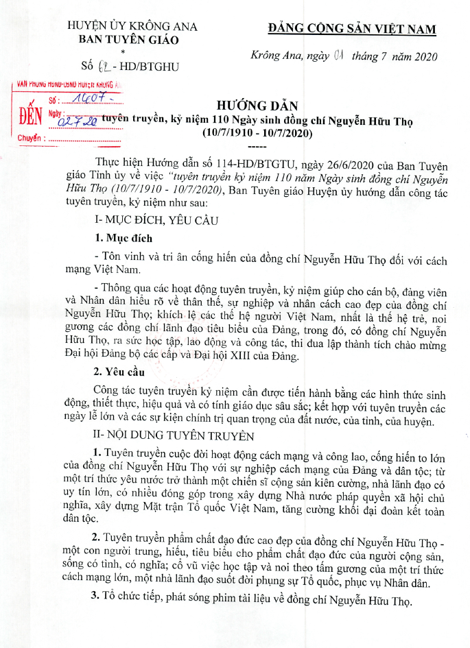 Hướng dẫn tuyên truyền, kỷ niệm 110 năm Ngày sinh đồng chí Nguyễn Hữu Thọ (10/7/1910-10/7/2020)