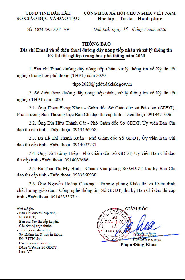 Thông báo địa chỉ email và số điện thoại đường dây nóng tiếp nhận và xử lý thông tin Kỳ thi tốt nghiệp trung học phổ thông năm 2020