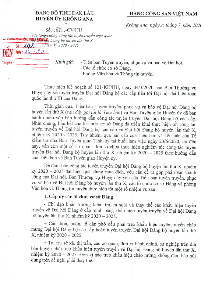 Công văn tăng cường công tác tuyên truyền trực quan về Đại Hội Đảng bộ huyện lần thứ X. Nhiệm kỳ 2020-2025