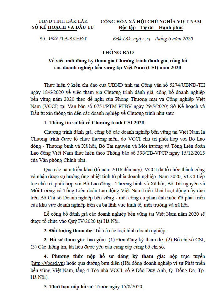 Thông báo về việc mời tham gia Chương trình đánh giá, công bố các doanh nghiệp bền vững Việt Nam (CSI) năm 2020