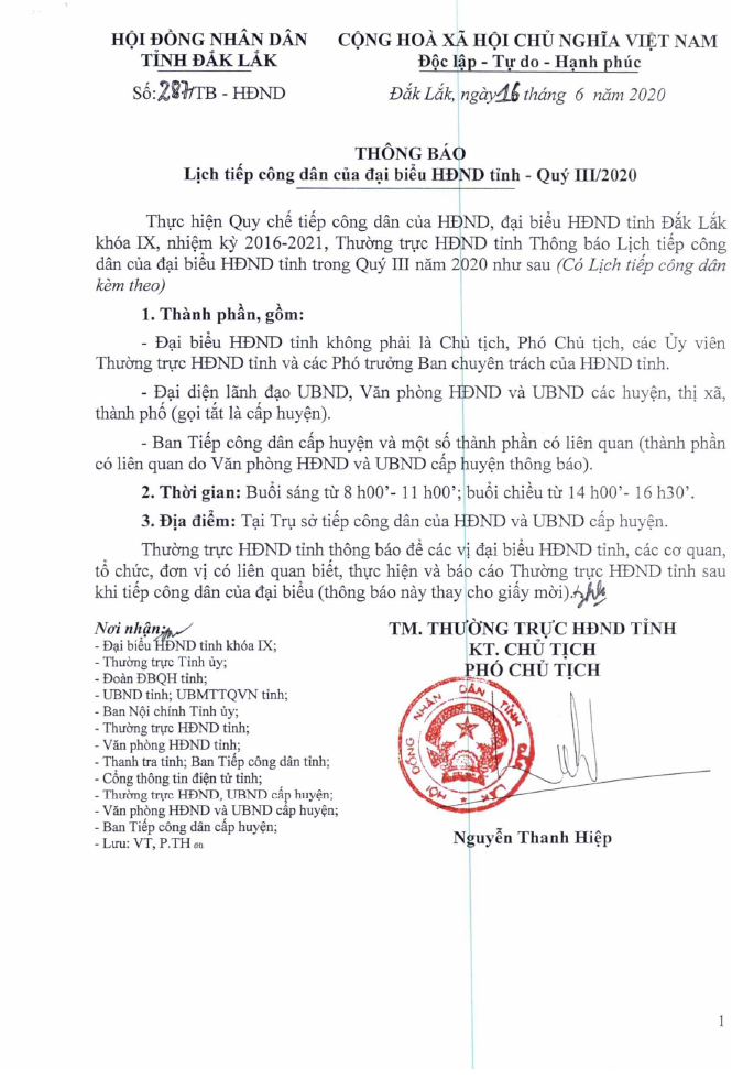 Thông báo lịch tiếp công dân Đại biểu HĐND tỉnh - Quý III/2020