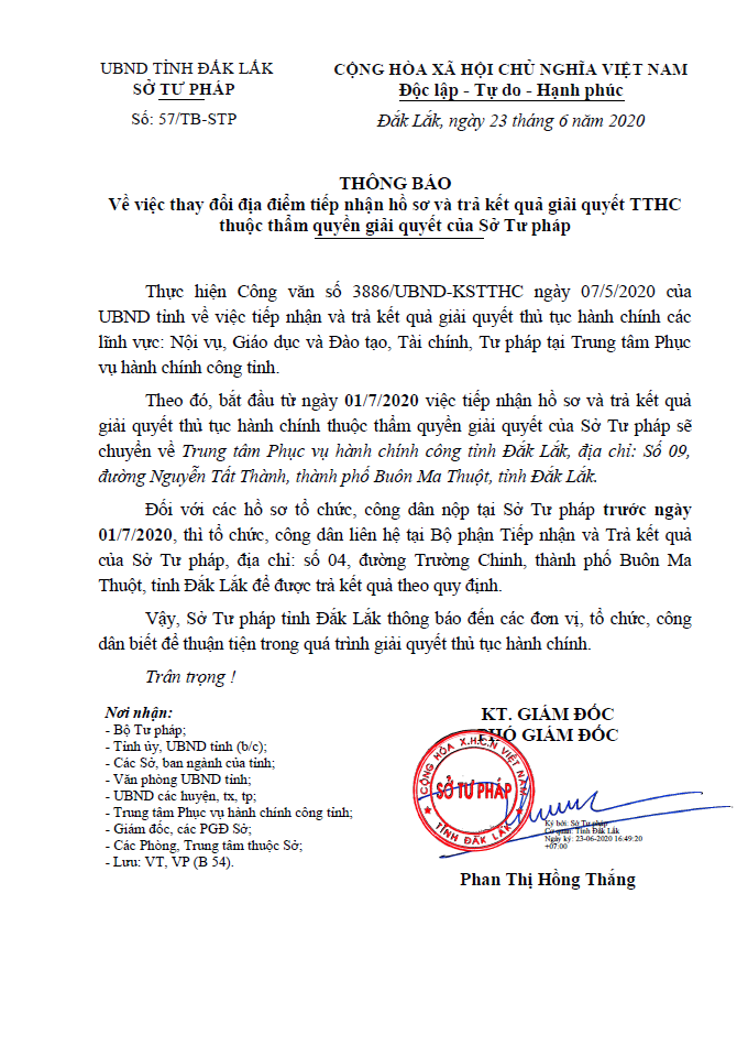 Thông báo về việc thay đổi địa điểm tiếp nhận và trả kết quả giải quyết TTHC thuộc thẩm quyền giải quyết của Sở Tư pháp