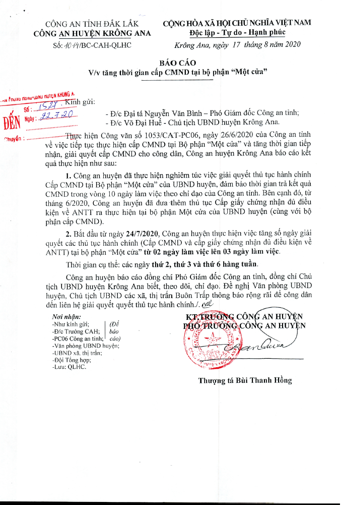 Về việc tăng thời gian cấp CMND tại Bộ phận Một cửa