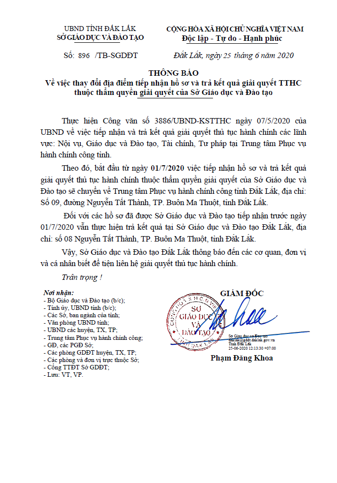 Thông báo chuyển địa điểm tiếp nhận giải quyết TTHC thuộc thẩm quyền giải quyết của Sở Giáo dục và Đào tạo tỉnh Đắk Lắk