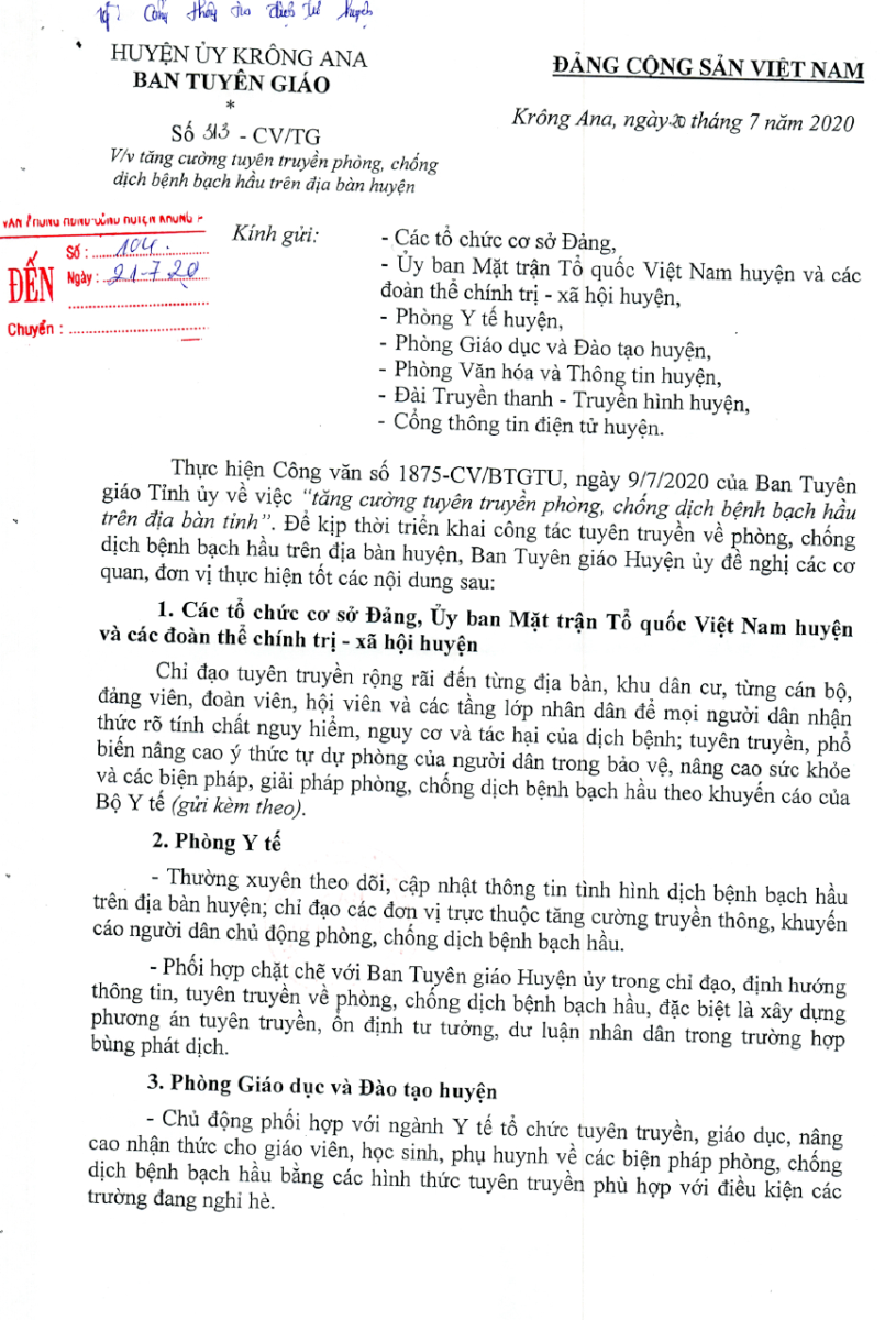 Về việc tăng cường tuyên truyền phòng, chống dịch bệnh bạch hầu trên địa bàn huyện