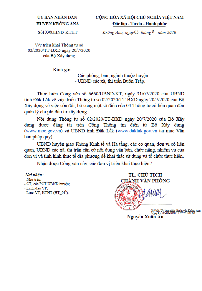 Về việc triển khai Thông tư số 02/2020/TT-BXD ngày 20/7/2020 của Bộ Xây dựng