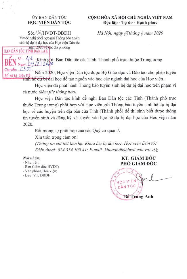 Thông báo tuyển sinh hệ dự bị đại học của Học viện dân tộc năm 2020-2021