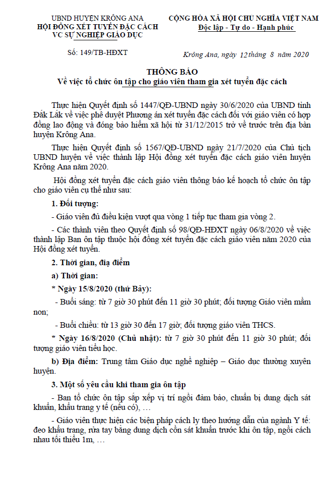 Thông báo về việc tổ chức ôn tập cho giáo viên tham gia xét tuyển đặc cách