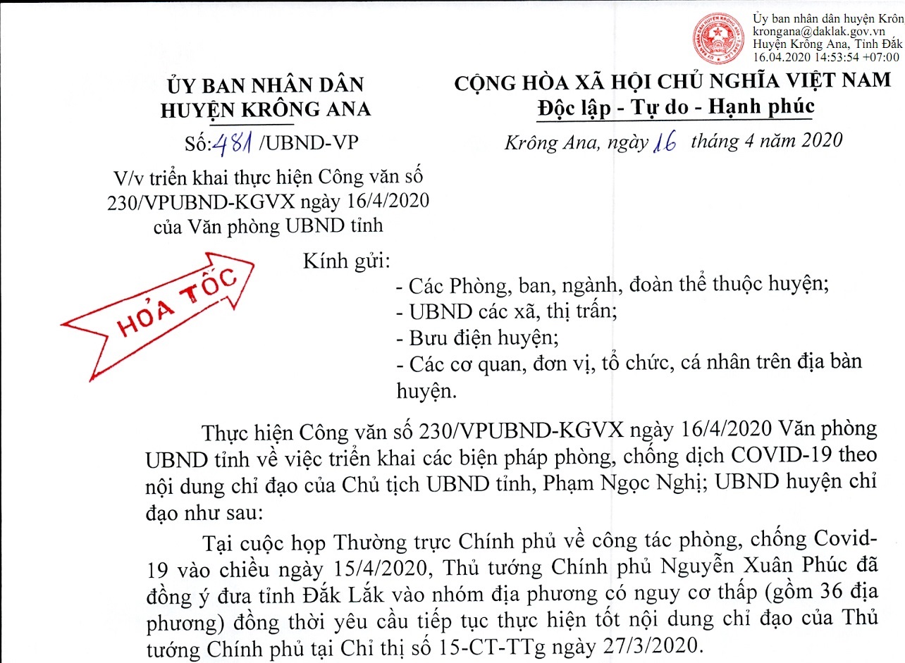 Về việc triển khai thực hiện Công văn số 230/VPUBND-KGVX ngày 16/4/2020 của Văn phòng UBND tỉnh