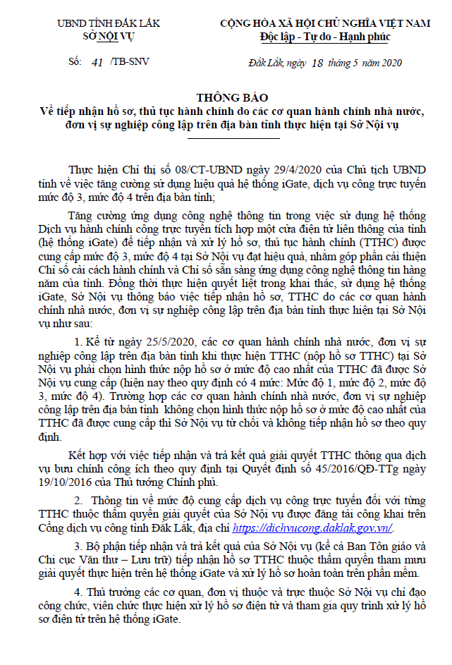 Thông báo về việc tiếp nhận hồ sơ, TTHC do cơ quan Nhà nước, đơn vị sự nghiệp công lập trên địa bàn tỉnh thực hiện tại Sở Nội vụ